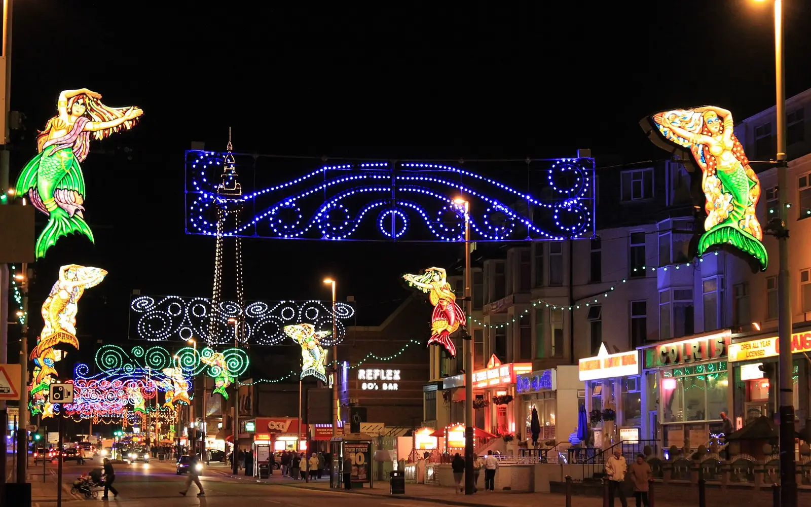 Colourful Blackpool Illuminations along the seafront at night