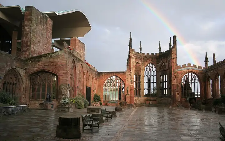 The roofless ruins of old Coventry Cathedral after rain
