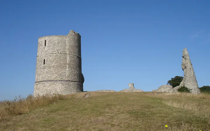The round tower ruins of Hadleigh Castle above the Thames Estuary