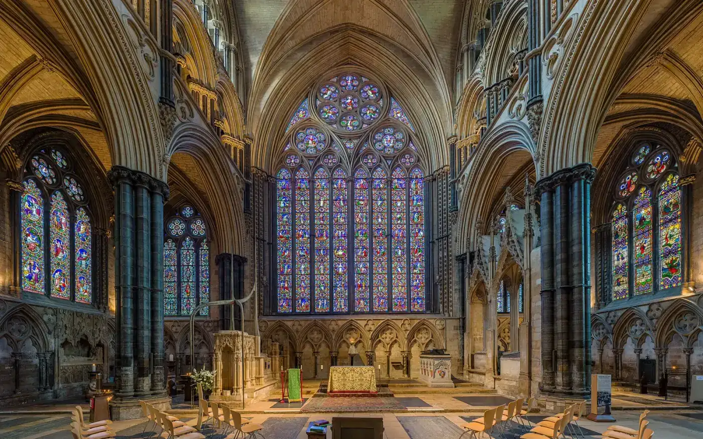 The presbytery of Lincoln Cathedral with its east window