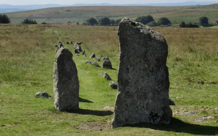 Standing stones and a stone row at Merrivale on open Dartmoor