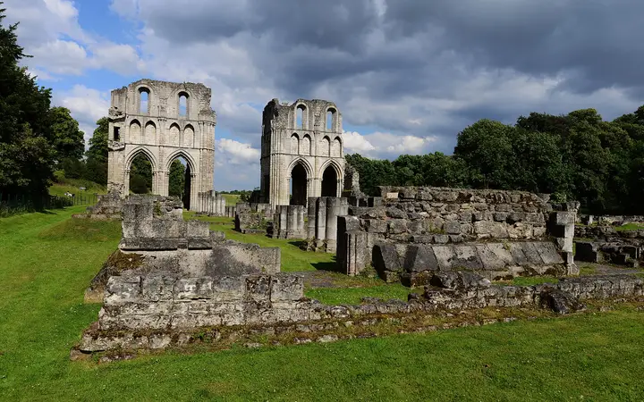 Roche Abbey's ruins in a valley