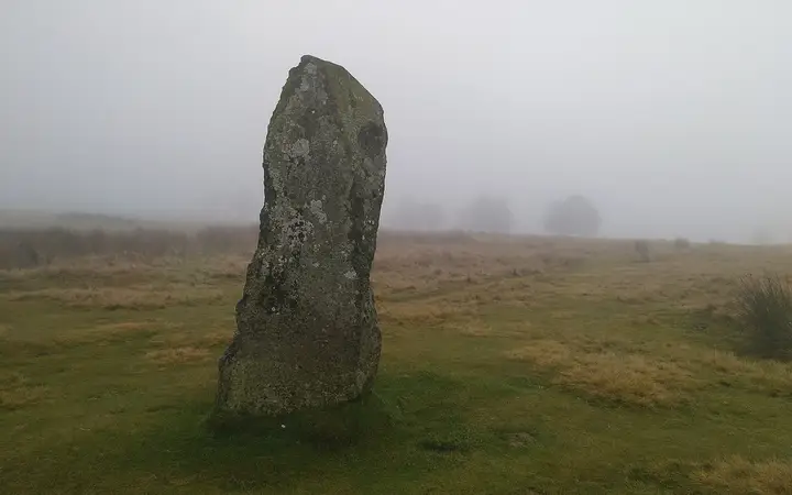A standing stone at Mitchell's Fold circle on moorland