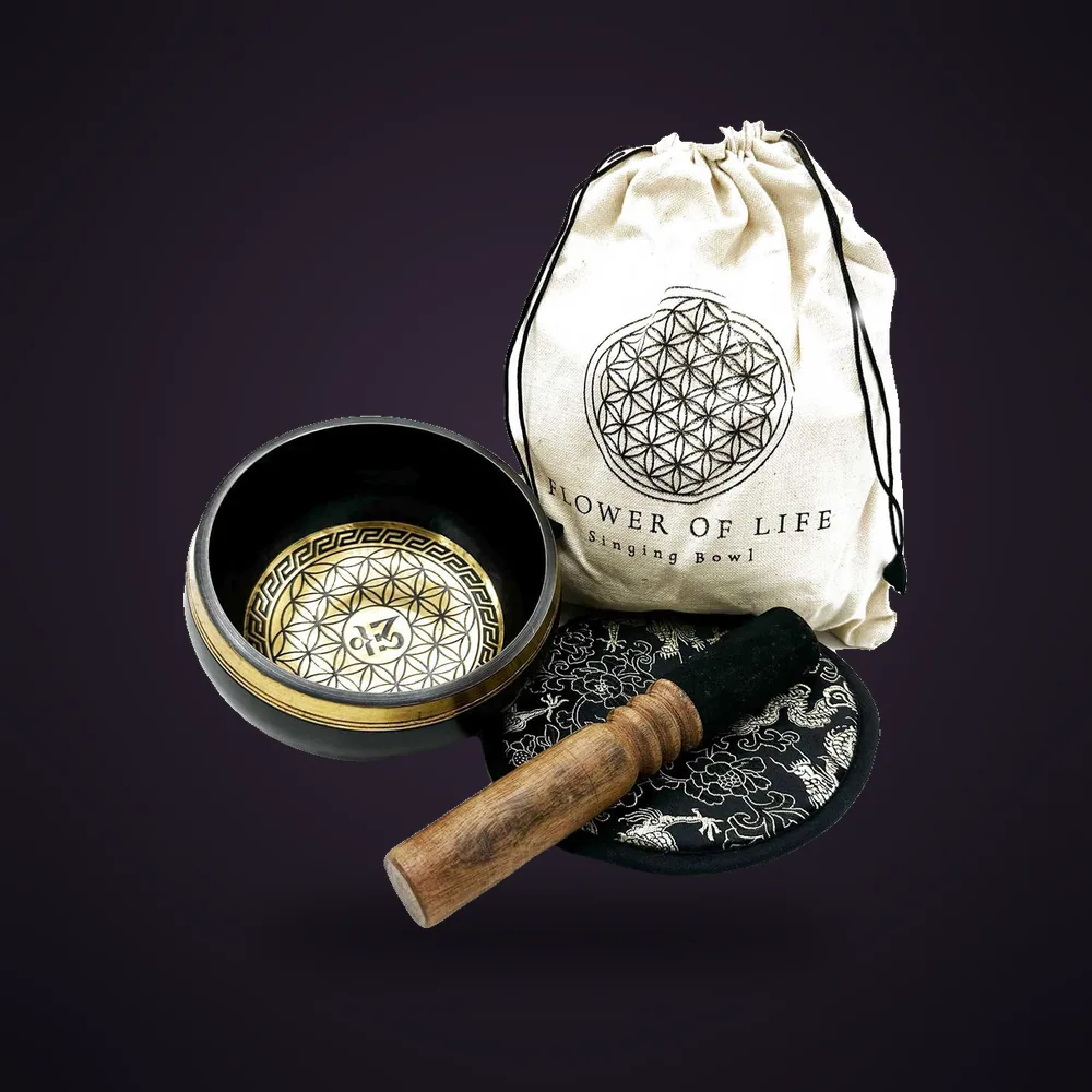 Hand Beaten & Engraved Singing Bowl Gift Set - 14cm - Flower of Life