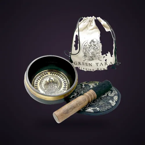 Hand Beaten & Engraved Singing Bowl Gift Set - 14cm - Green Tara – Tibetan Sing Bowls Sets from Starseed UK