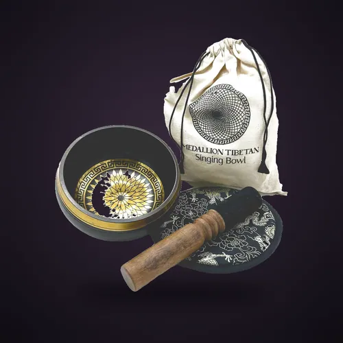 Hand Beaten & Engraved Singing Bowl Gift Set - 14cm - Round Medallions – Tibetan Sing Bowls Sets from Starseed UK