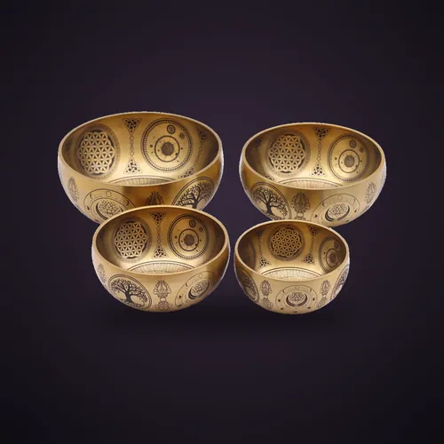 Pure Brass Etched Buddha - Set of 4 - Approx 3.85kg – Tibetan Singing Bowls from Starseed UK