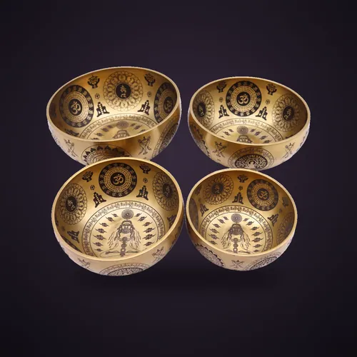 Pure Brass Etched Yogi - Set of 4 - Approx 3.85kg – Tibetan Singing Bowls from Starseed UK