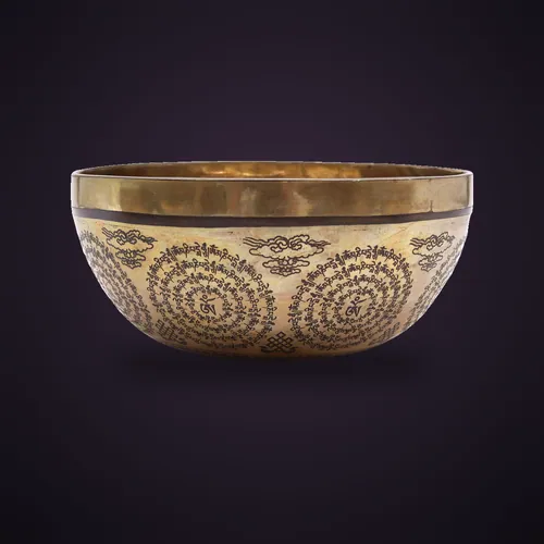 Tibetan Healing Engraved Bowl - 21cm - Om & Buddha – Tibetan Singing Bowls from Starseed UK