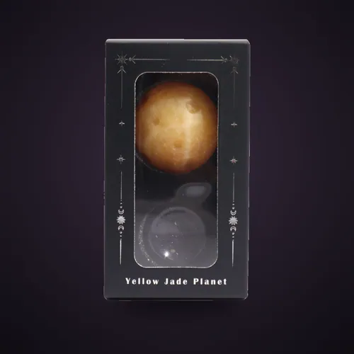 Yellow Jade Planet on a Sola Goldstone Stand (SATURN) – Gemstone Planets on a Goldstone Stand from Starseed UK